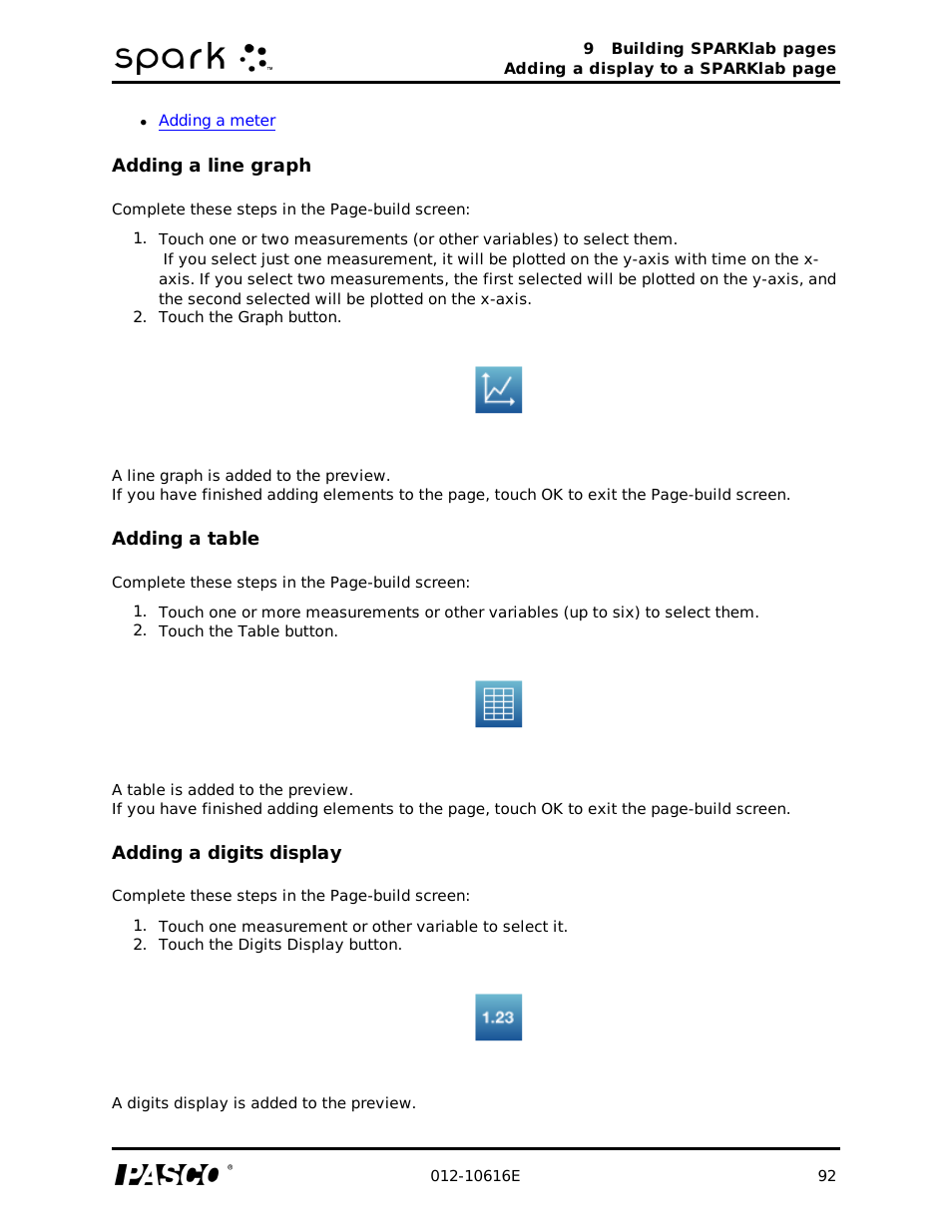 Adding a line graph, Adding a table, Adding a digits display | PASCO SPARK Science Learning System Ver. 1.4.0 User's Guide User Manual | Page 101 / 124