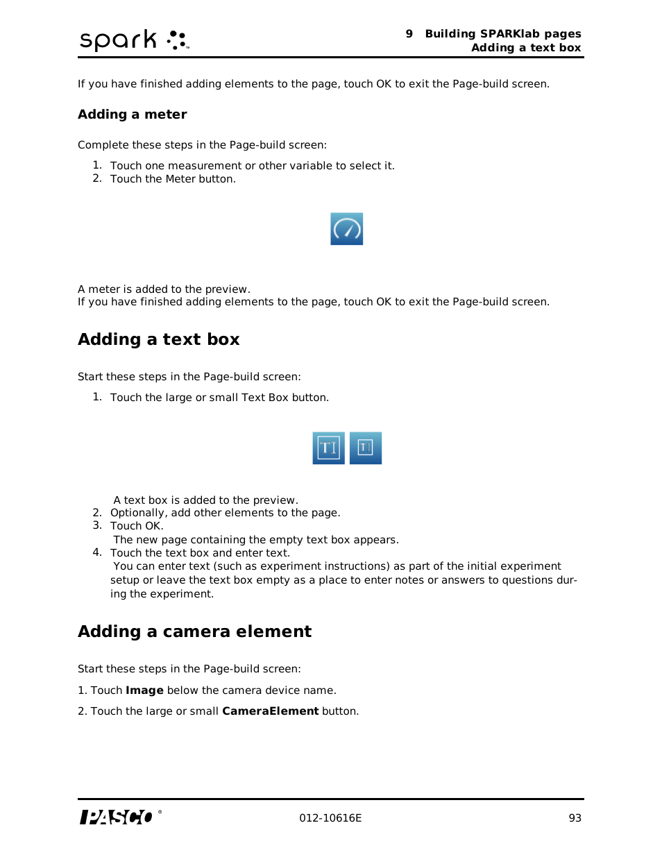 Adding a meter, Adding a text box, Adding a camera element | PASCO SPARK Science Learning System Ver. 1.4.0 User's Guide User Manual | Page 102 / 124