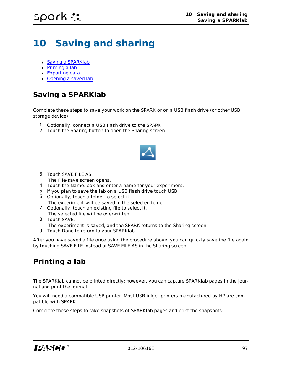 10 saving and sharing, Saving a sparklab, Printing a lab | Saving and sharing | PASCO SPARK Science Learning System Ver. 1.4.0 User's Guide User Manual | Page 106 / 124