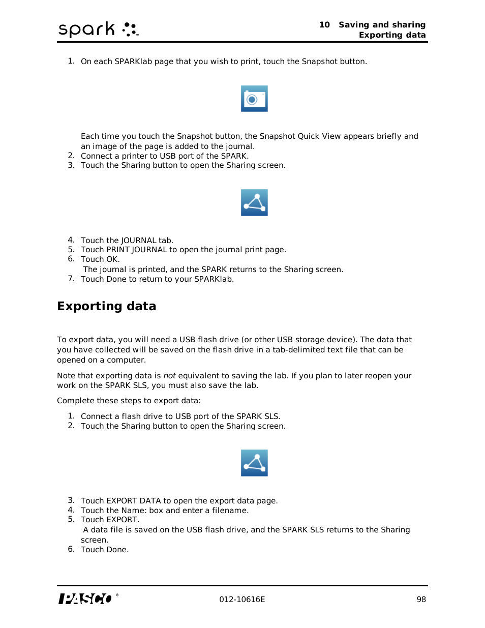 Exporting data | PASCO SPARK Science Learning System Ver. 1.4.0 User's Guide User Manual | Page 107 / 124