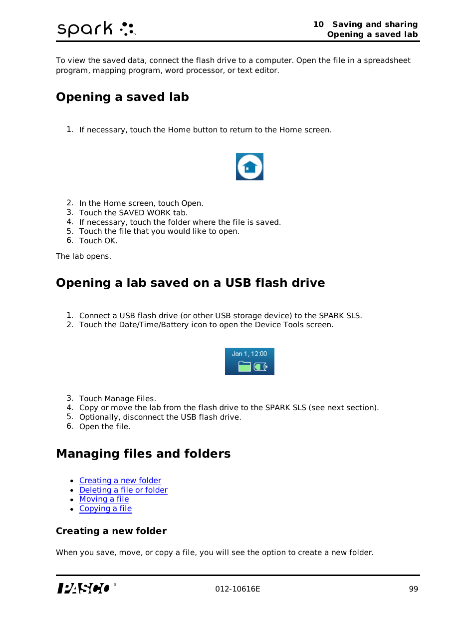 Opening a saved lab, Opening a lab saved on a usb flash drive, Managing files and folders | Creating a new folder | PASCO SPARK Science Learning System Ver. 1.4.0 User's Guide User Manual | Page 108 / 124