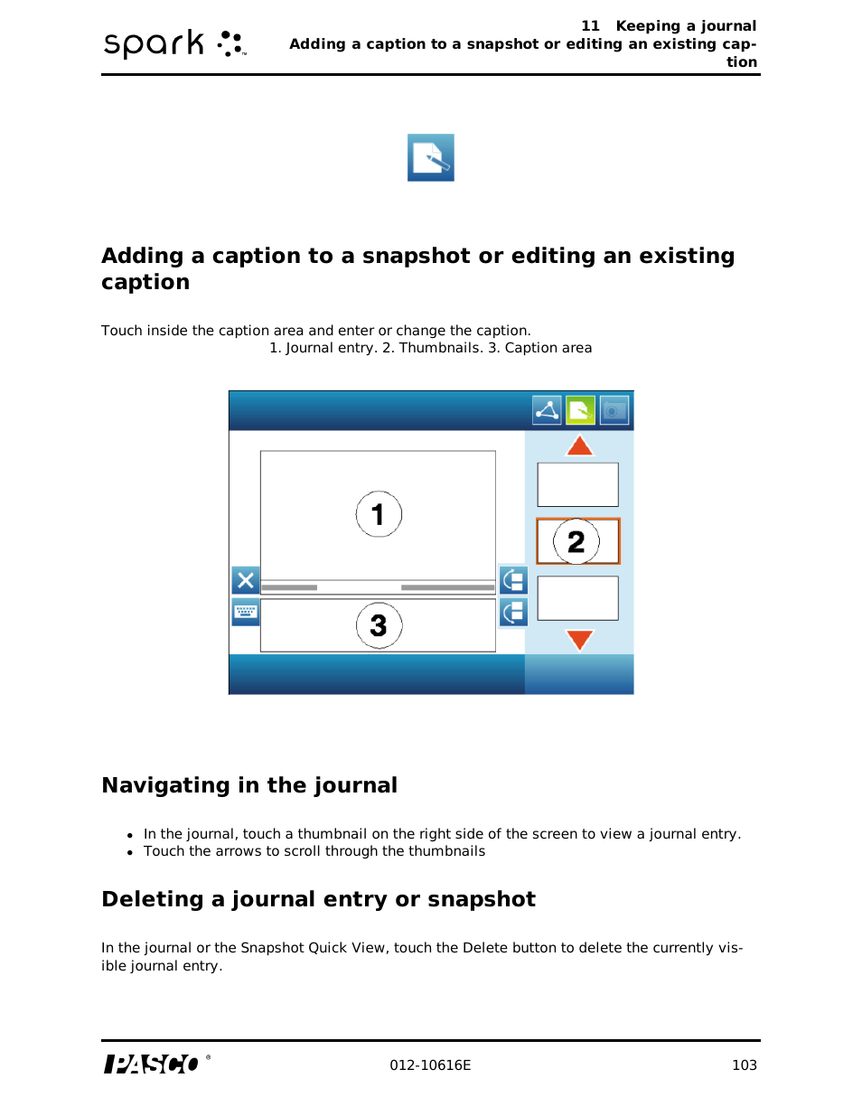 Navigating in the journal, Deleting a journal entry or snapshot | PASCO SPARK Science Learning System Ver. 1.4.0 User's Guide User Manual | Page 112 / 124