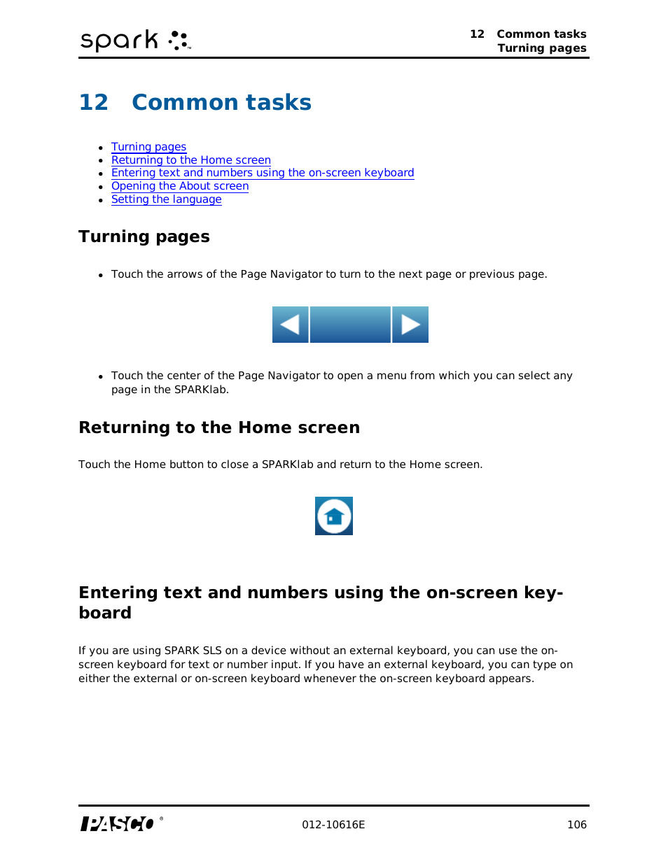 12 common tasks, Returning to the home screen, Common tasks | Turning pages | PASCO SPARK Science Learning System Ver. 1.4.0 User's Guide User Manual | Page 115 / 124