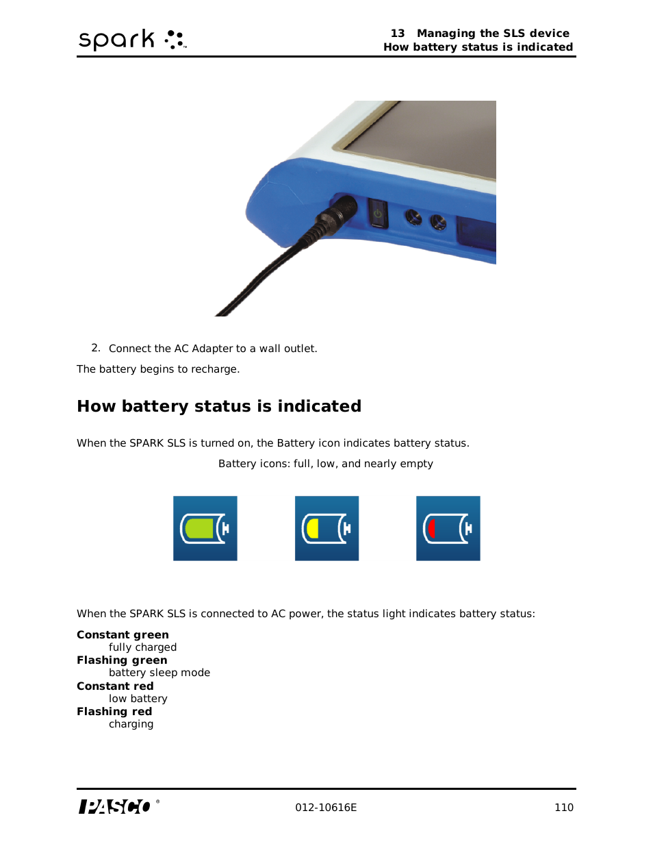 How battery status is indicated | PASCO SPARK Science Learning System Ver. 1.4.0 User's Guide User Manual | Page 119 / 124