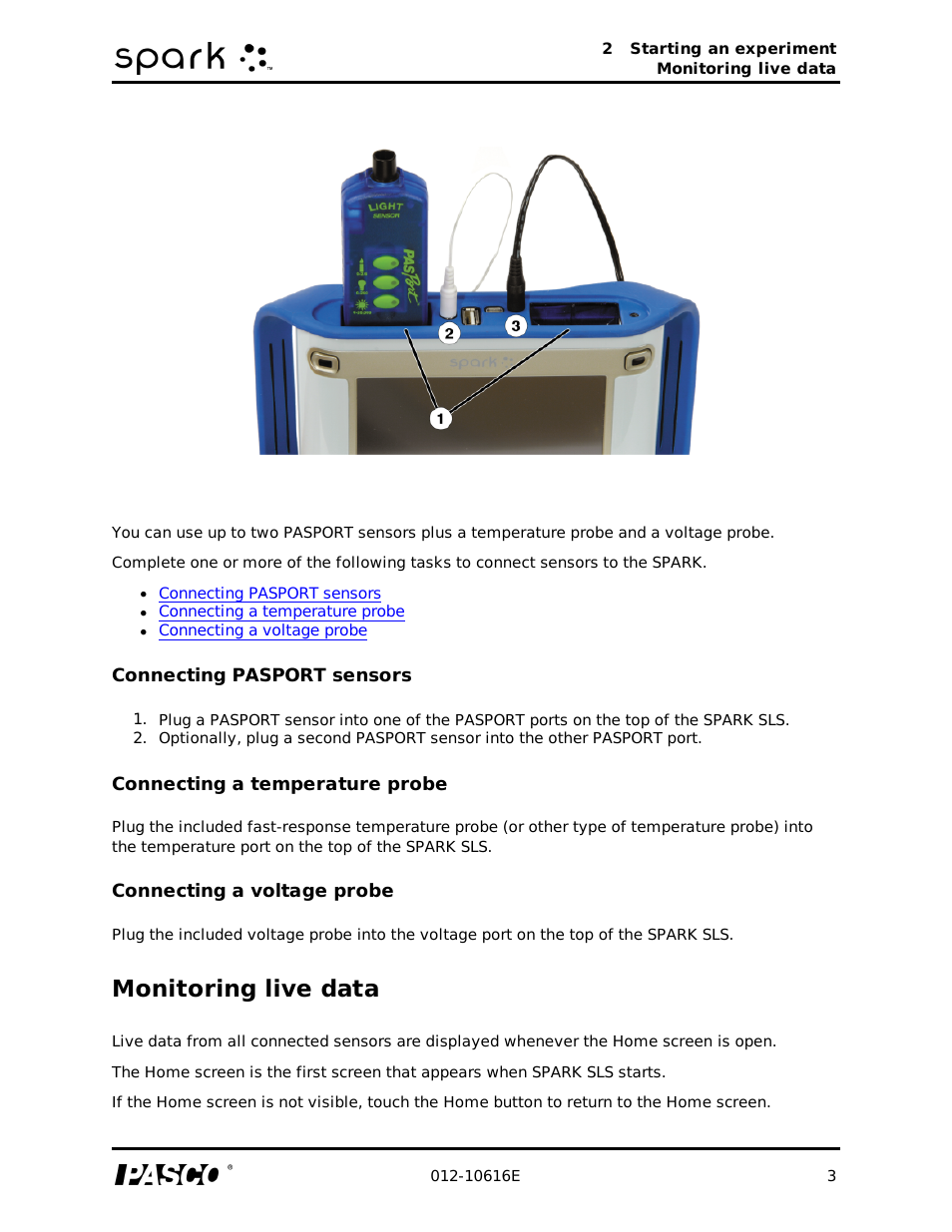 Connecting pasport sensors, Connecting a temperature probe, Connecting a voltage probe | Monitoring live data | PASCO SPARK Science Learning System Ver. 1.4.0 User's Guide User Manual | Page 12 / 124