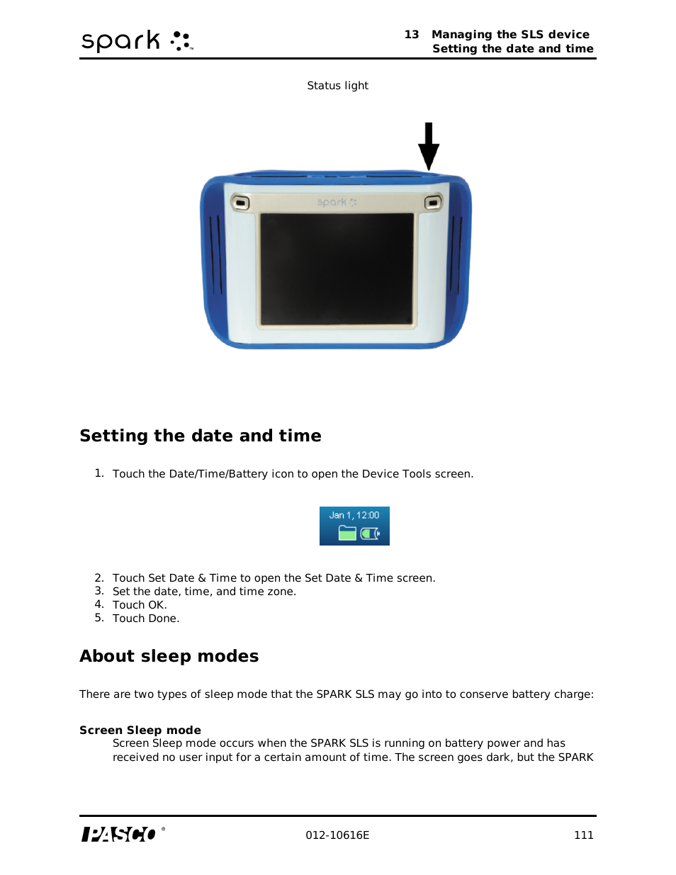 Setting the date and time, About sleep modes | PASCO SPARK Science Learning System Ver. 1.4.0 User's Guide User Manual | Page 120 / 124