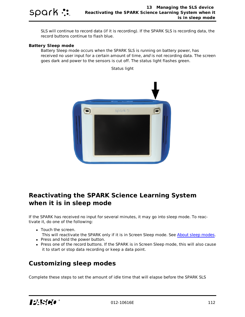 Customizing sleep modes | PASCO SPARK Science Learning System Ver. 1.4.0 User's Guide User Manual | Page 121 / 124