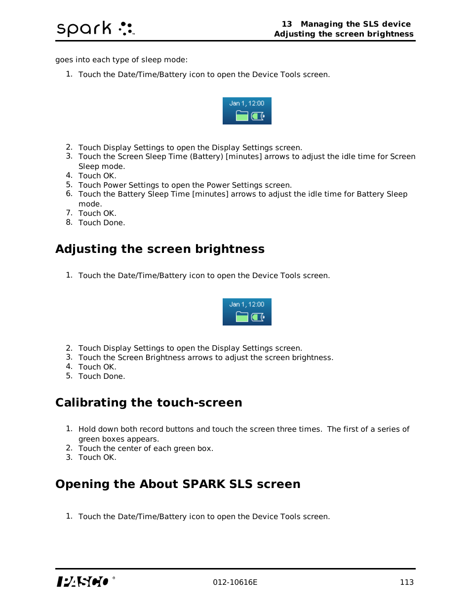 Adjusting the screen brightness, Calibrating the touch-screen, Opening the about spark sls screen | Opening the about screen | PASCO SPARK Science Learning System Ver. 1.4.0 User's Guide User Manual | Page 122 / 124