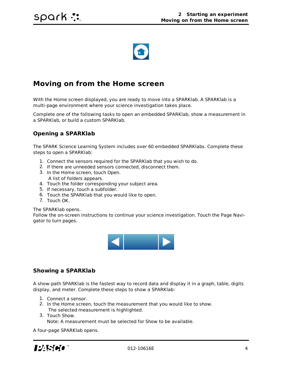 Moving on from the home screen, Opening a sparklab, Showing a sparklab | PASCO SPARK Science Learning System Ver. 1.4.0 User's Guide User Manual | Page 13 / 124