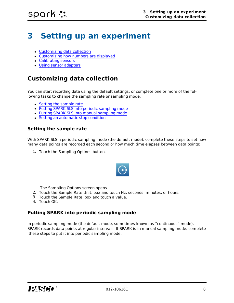 3 setting up an experiment, Customizing data collection, Setting the sample rate | Putting spark into periodic sampling mode, Setting up an experiment, 3setting up an experiment | PASCO SPARK Science Learning System Ver. 1.4.0 User's Guide User Manual | Page 17 / 124