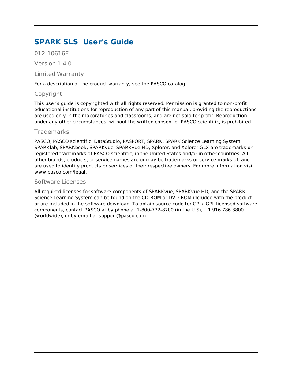 Spark sls user's guide | PASCO SPARK Science Learning System Ver. 1.4.0 User's Guide User Manual | Page 2 / 124