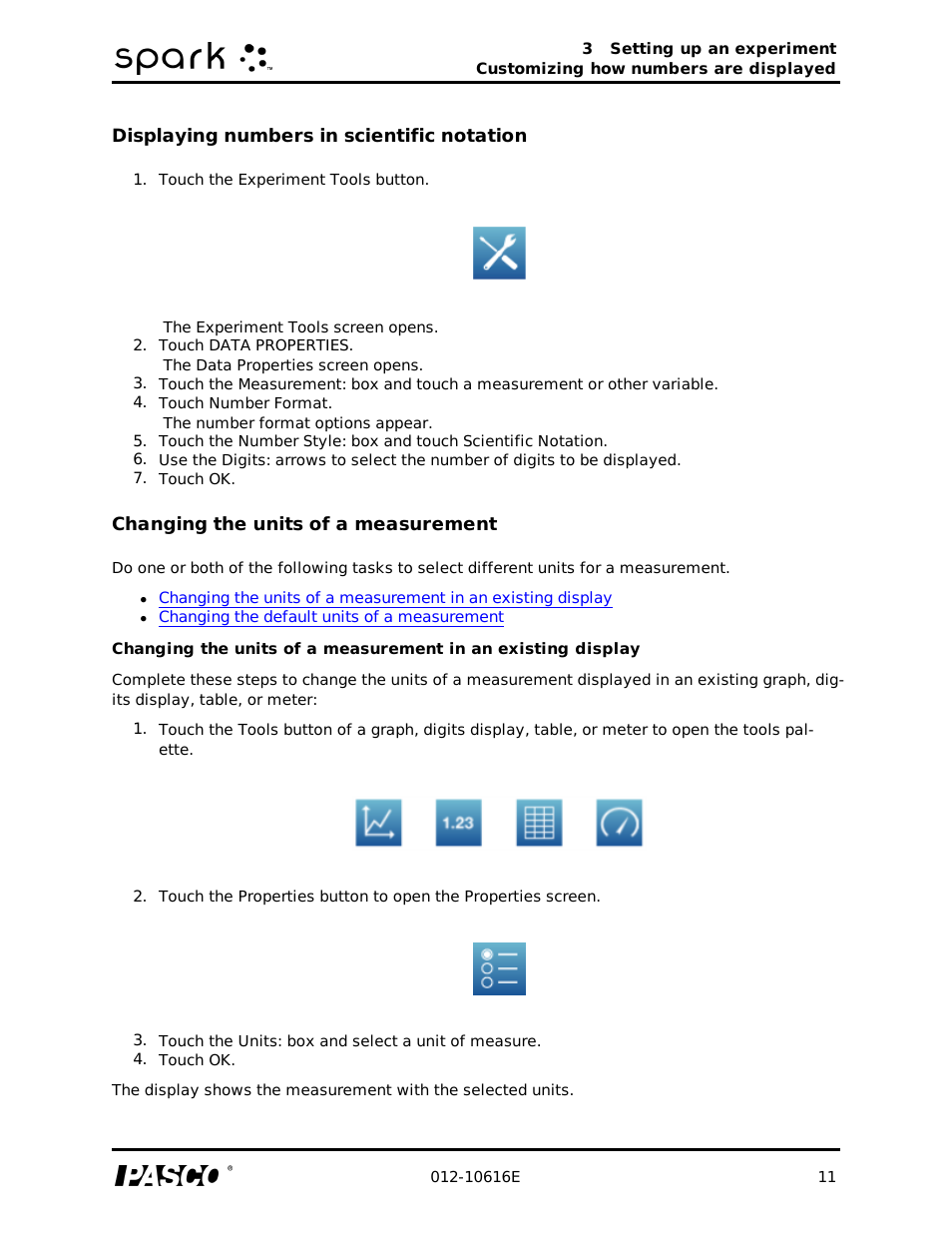 Displaying numbers in scientific notation, Changing the units of a measurement | PASCO SPARK Science Learning System Ver. 1.4.0 User's Guide User Manual | Page 20 / 124