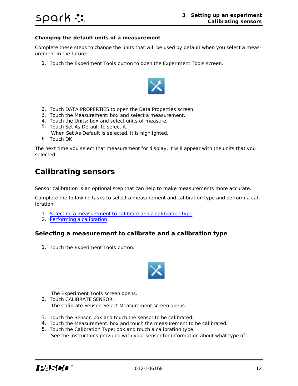 Changing the default units of a measurement, Calibrating sensors | PASCO SPARK Science Learning System Ver. 1.4.0 User's Guide User Manual | Page 21 / 124