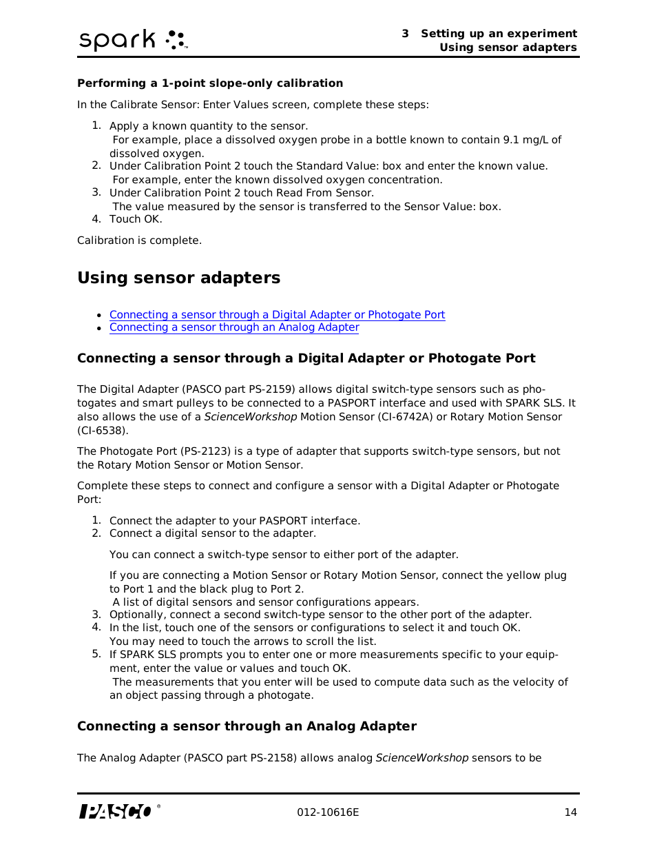 Performing a 1-point slope-only calibration, Using sensor adapters, Connecting a sensor through an analog adapter | PASCO SPARK Science Learning System Ver. 1.4.0 User's Guide User Manual | Page 23 / 124