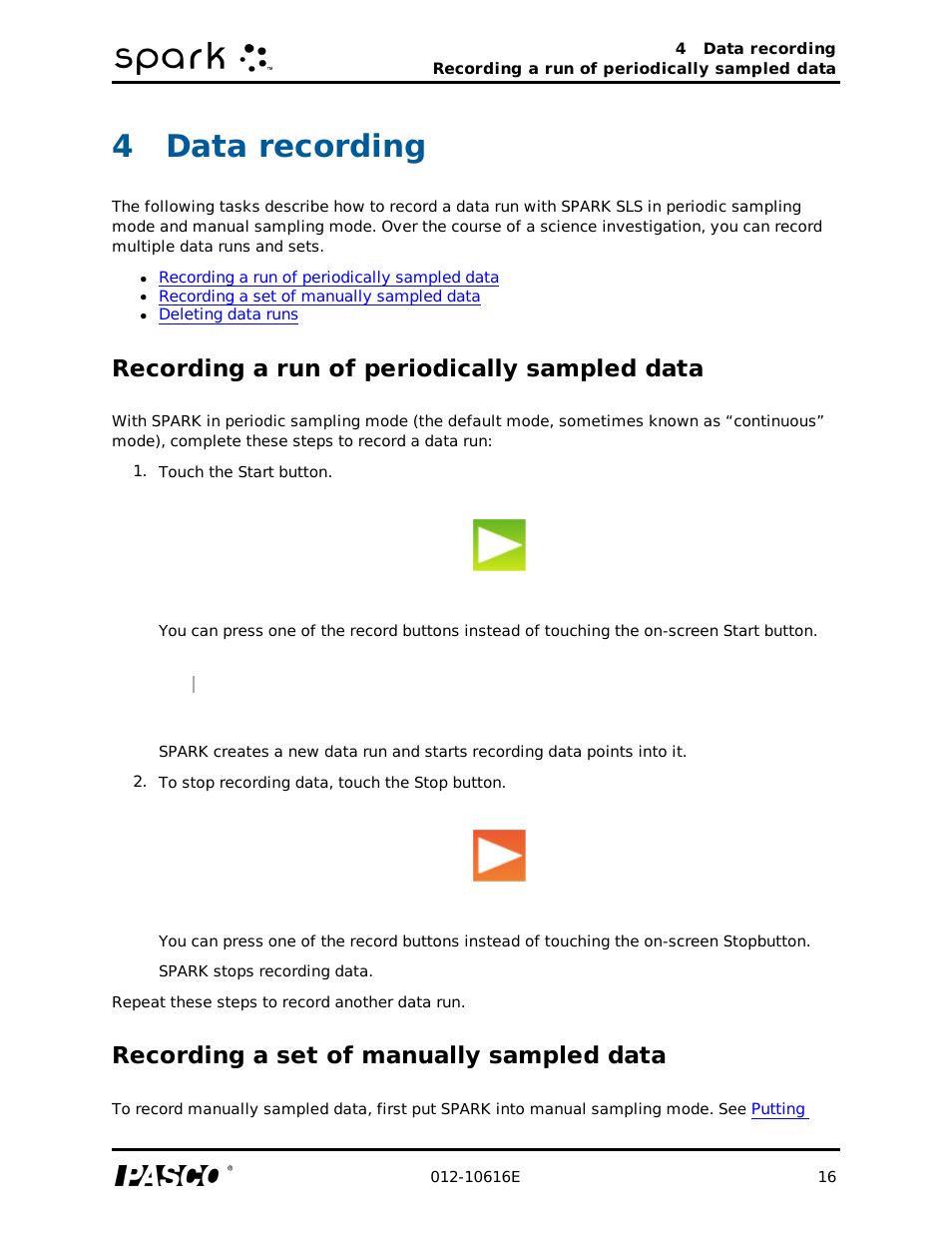 4 data recording, Recording a run of periodically sampled data, Recording a set of manually sampled data | Data recording, 4data recording | PASCO SPARK Science Learning System Ver. 1.4.0 User's Guide User Manual | Page 25 / 124