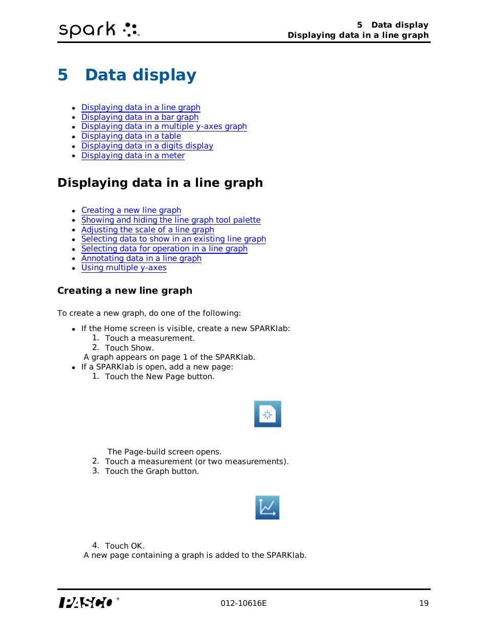 5 data display, Displaying data in a line graph, Creating a new line graph | Data display, 5data display | PASCO SPARK Science Learning System Ver. 1.4.0 User's Guide User Manual | Page 28 / 124