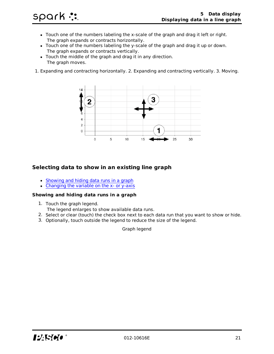 Selecting data to show in an existing line graph, Showing and hiding data runs in a graph | PASCO SPARK Science Learning System Ver. 1.4.0 User's Guide User Manual | Page 30 / 124