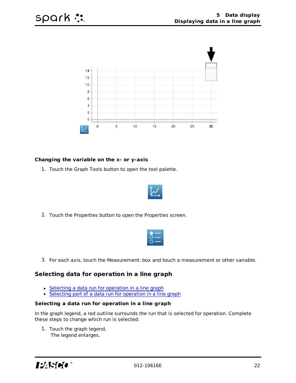 Changing the variable on the x- or y-axis, Selecting data for operation in a line graph, Selecting a data run for operation in a line graph | PASCO SPARK Science Learning System Ver. 1.4.0 User's Guide User Manual | Page 31 / 124