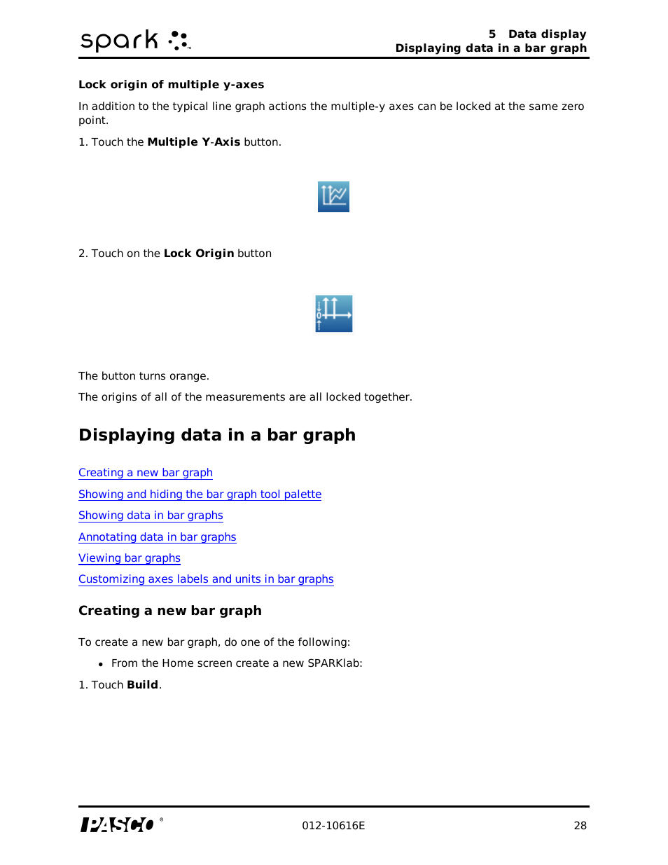 Lock origin of multiple y-axes, Displaying data in a bar graph, Creating a new bar graph | PASCO SPARK Science Learning System Ver. 1.4.0 User's Guide User Manual | Page 37 / 124