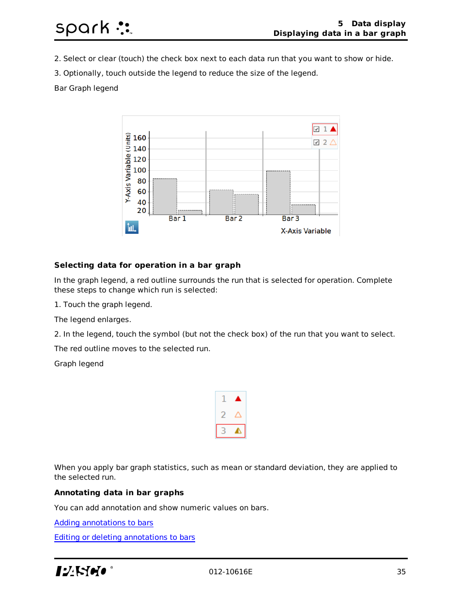 Selecting data for operation in a bar graph, Annotating data in bar graphs, Selecting data for operation | PASCO SPARK Science Learning System Ver. 1.4.0 User's Guide User Manual | Page 44 / 124