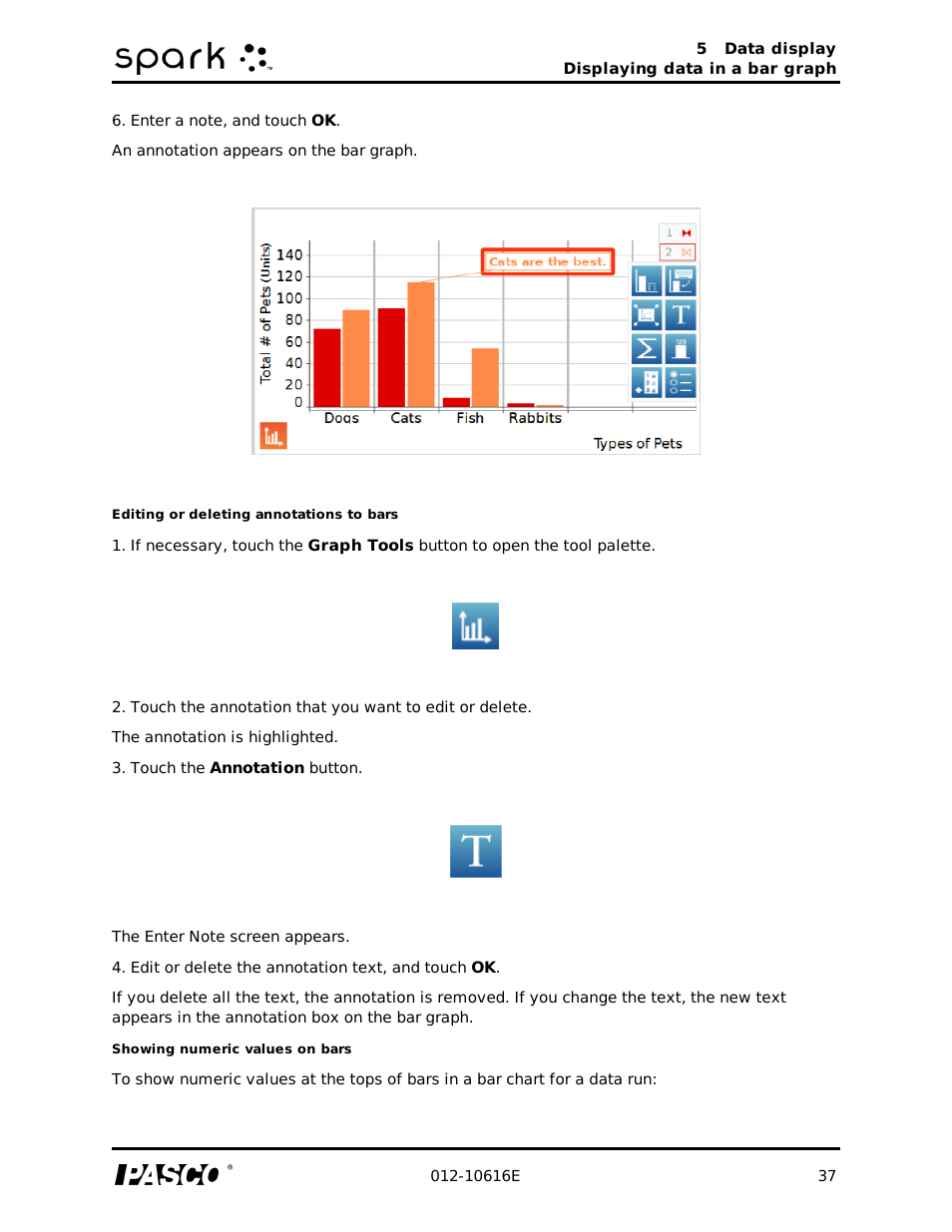 Editing or deleting annotations to bars, Showing numeric values on bars | PASCO SPARK Science Learning System Ver. 1.4.0 User's Guide User Manual | Page 46 / 124