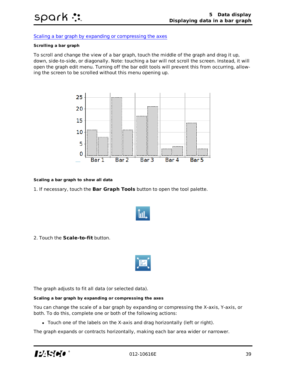 Scrolling a bar graph, Scaling a bar graph to show all data | PASCO SPARK Science Learning System Ver. 1.4.0 User's Guide User Manual | Page 48 / 124