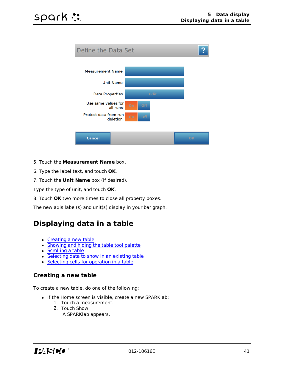 Displaying data in a table, Creating a new table | PASCO SPARK Science Learning System Ver. 1.4.0 User's Guide User Manual | Page 50 / 124