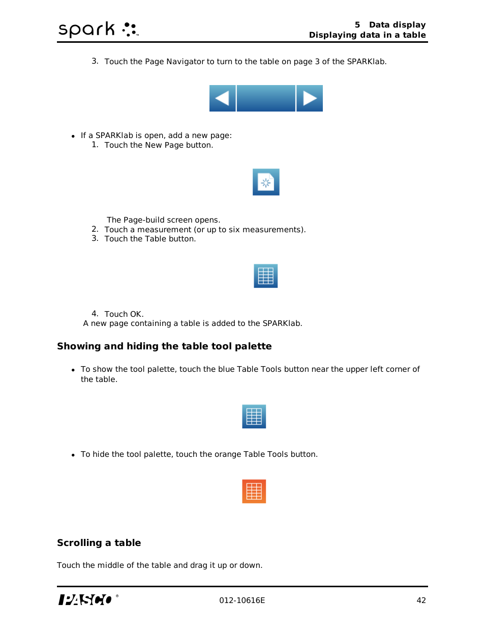 Showing and hiding the table tool palette, Scrolling a table | PASCO SPARK Science Learning System Ver. 1.4.0 User's Guide User Manual | Page 51 / 124