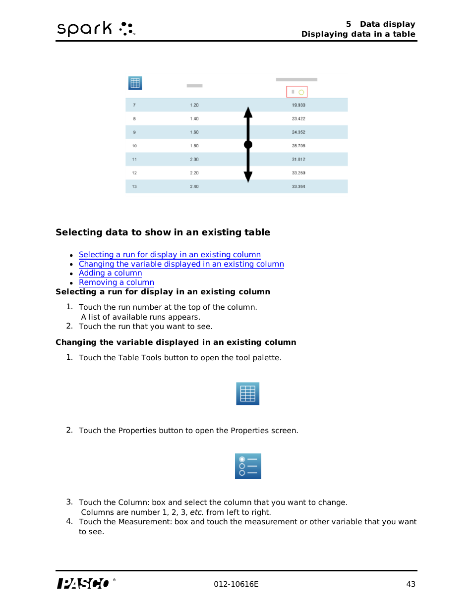 Selecting data to show in an existing table, Selecting a run for display in an existing column | PASCO SPARK Science Learning System Ver. 1.4.0 User's Guide User Manual | Page 52 / 124