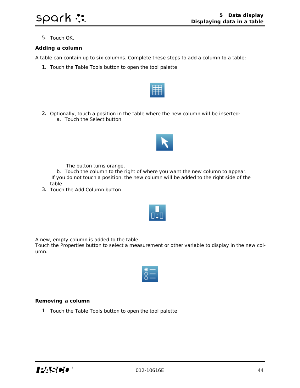 Adding a column, Removing a column | PASCO SPARK Science Learning System Ver. 1.4.0 User's Guide User Manual | Page 53 / 124