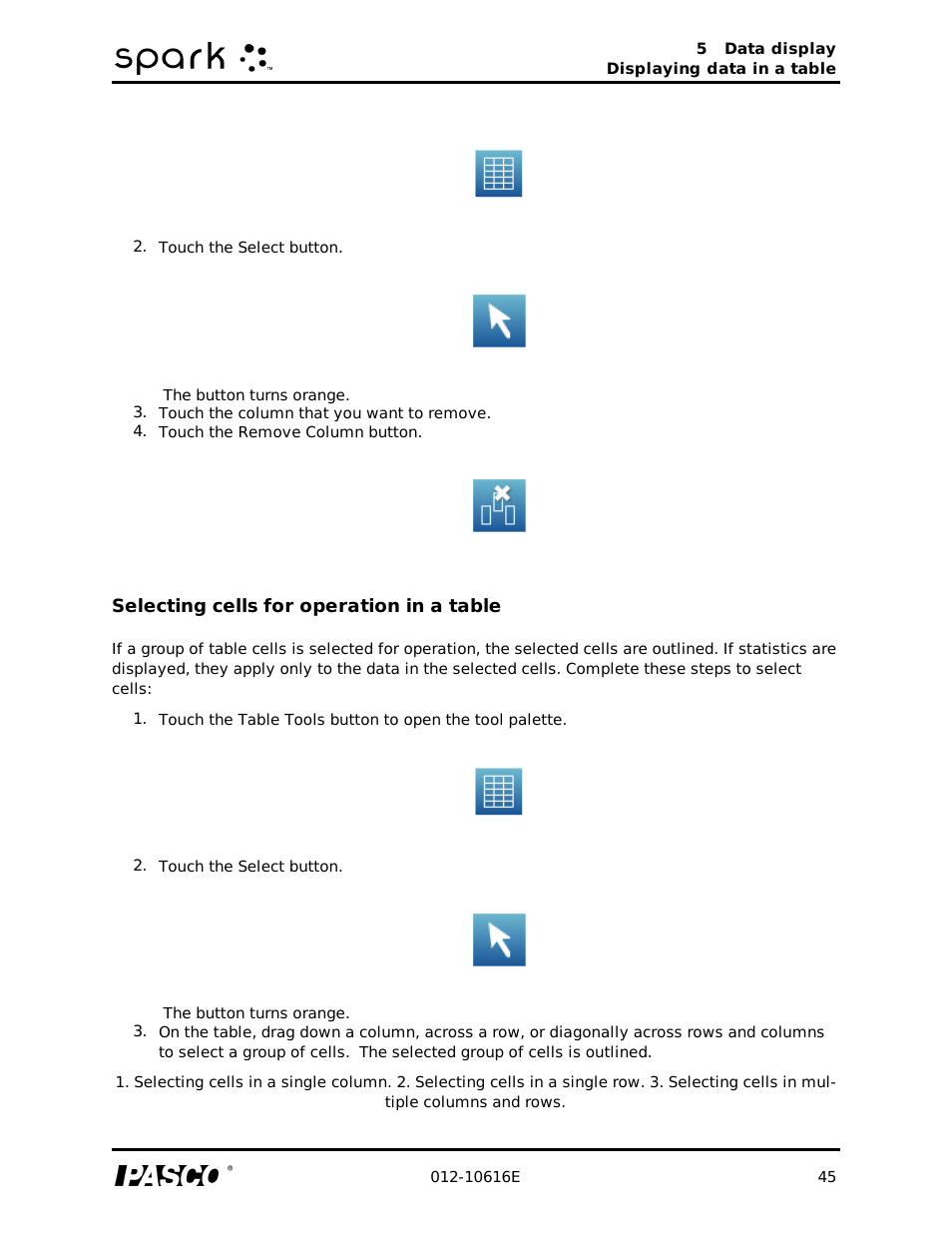 Selecting cells for operation in a table | PASCO SPARK Science Learning System Ver. 1.4.0 User's Guide User Manual | Page 54 / 124