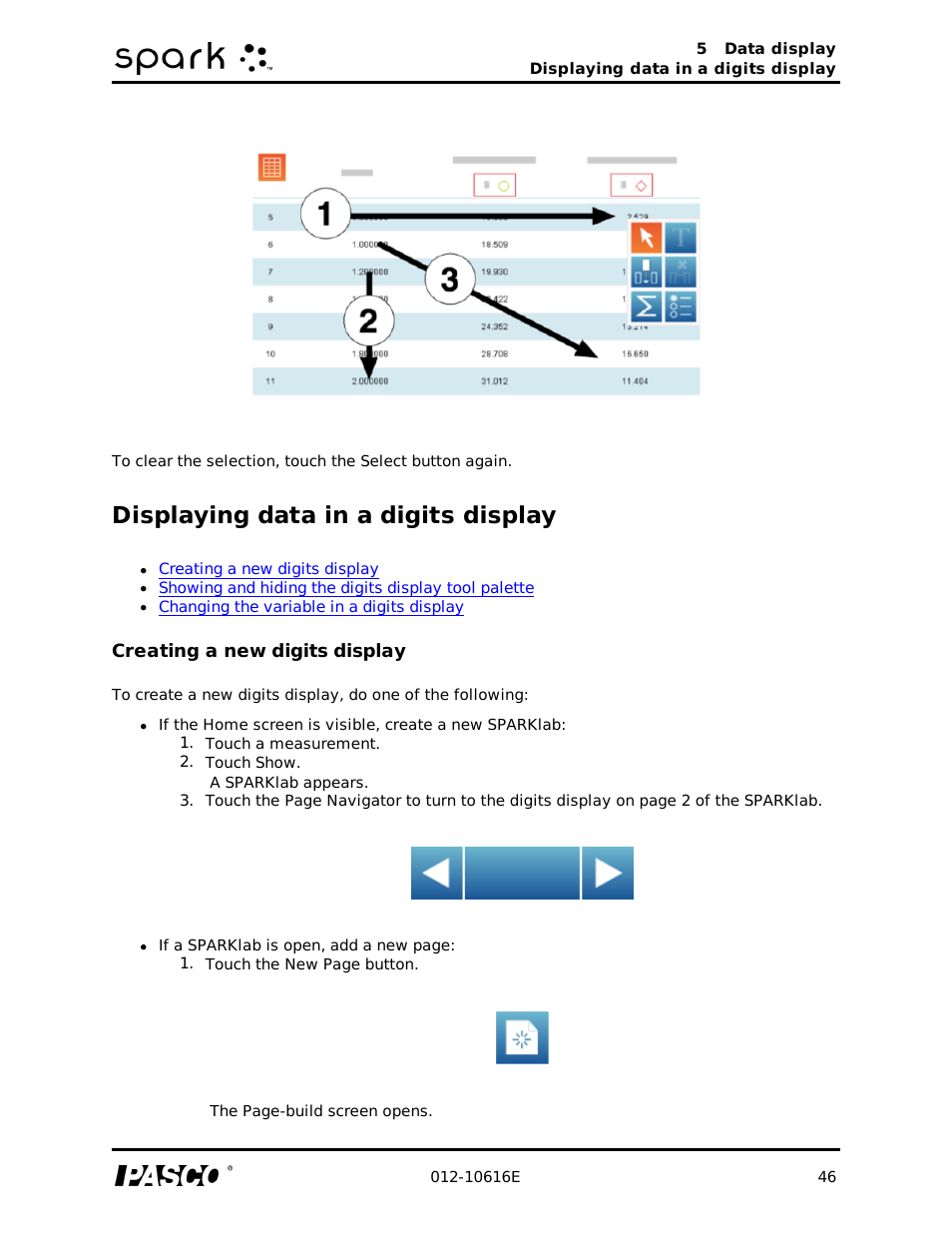 Displaying data in a digits display, Creating a new digits display | PASCO SPARK Science Learning System Ver. 1.4.0 User's Guide User Manual | Page 55 / 124