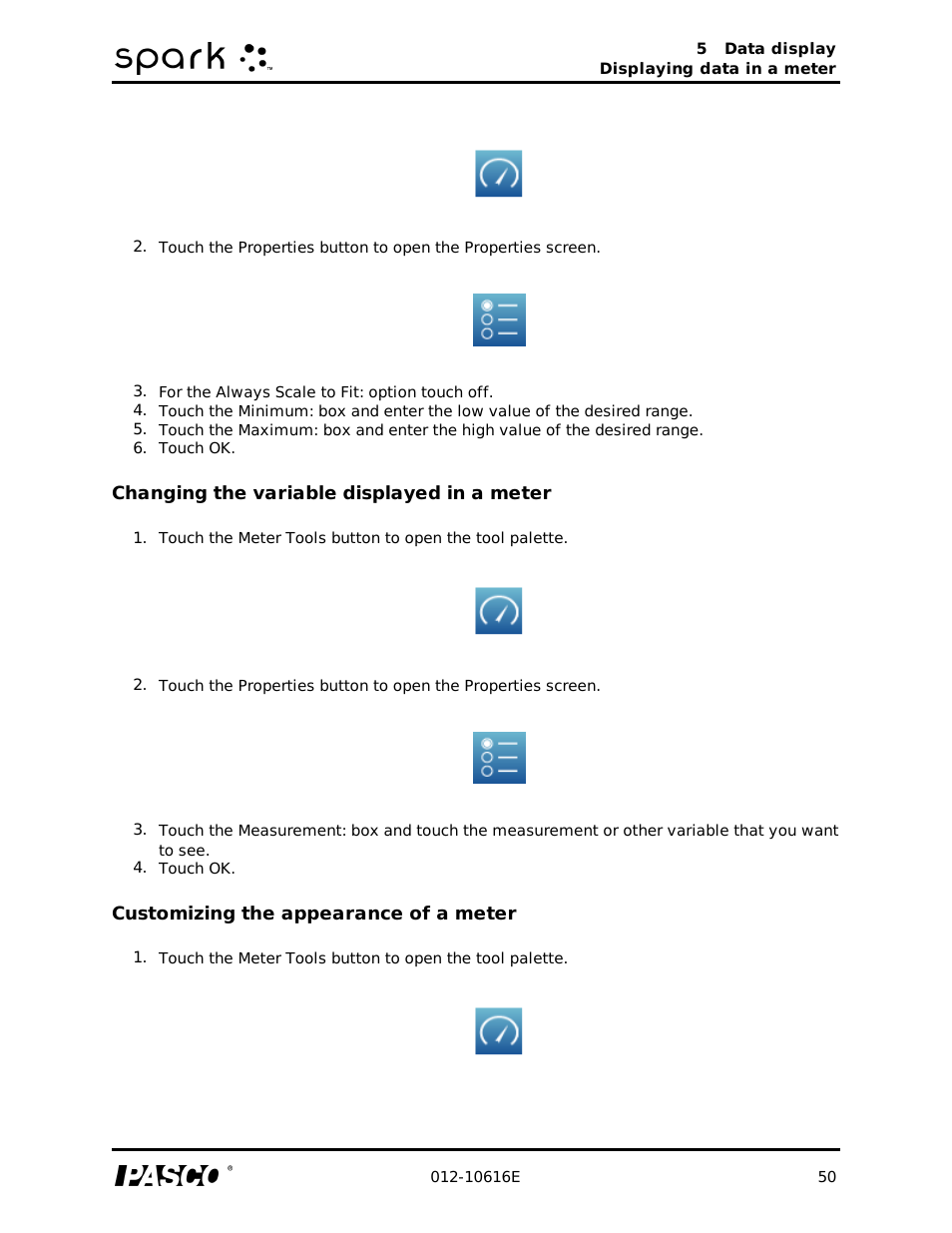 Changing the variable displayed in a meter, Customizing the appearance of a meter | PASCO SPARK Science Learning System Ver. 1.4.0 User's Guide User Manual | Page 59 / 124