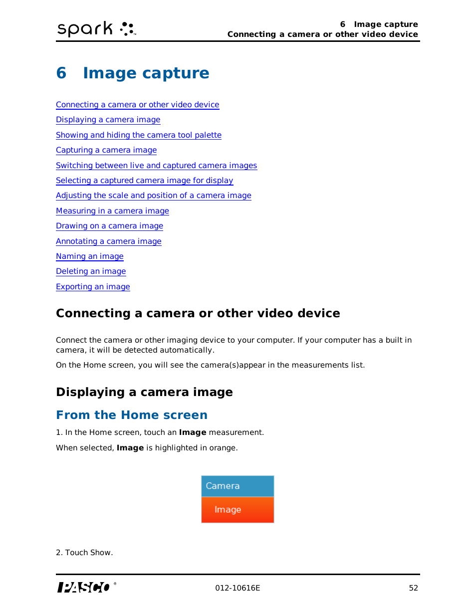 6 image capture, Connecting a camera or other video device, Displaying a camera image | Image capture, 6image capture, Displaying a camera image from the home screen | PASCO SPARK Science Learning System Ver. 1.4.0 User's Guide User Manual | Page 61 / 124