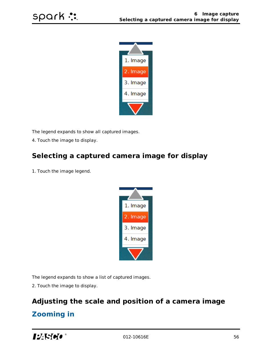 Selecting a captured camera image for display, Adjusting the scale and position of a camera image | PASCO SPARK Science Learning System Ver. 1.4.0 User's Guide User Manual | Page 65 / 124
