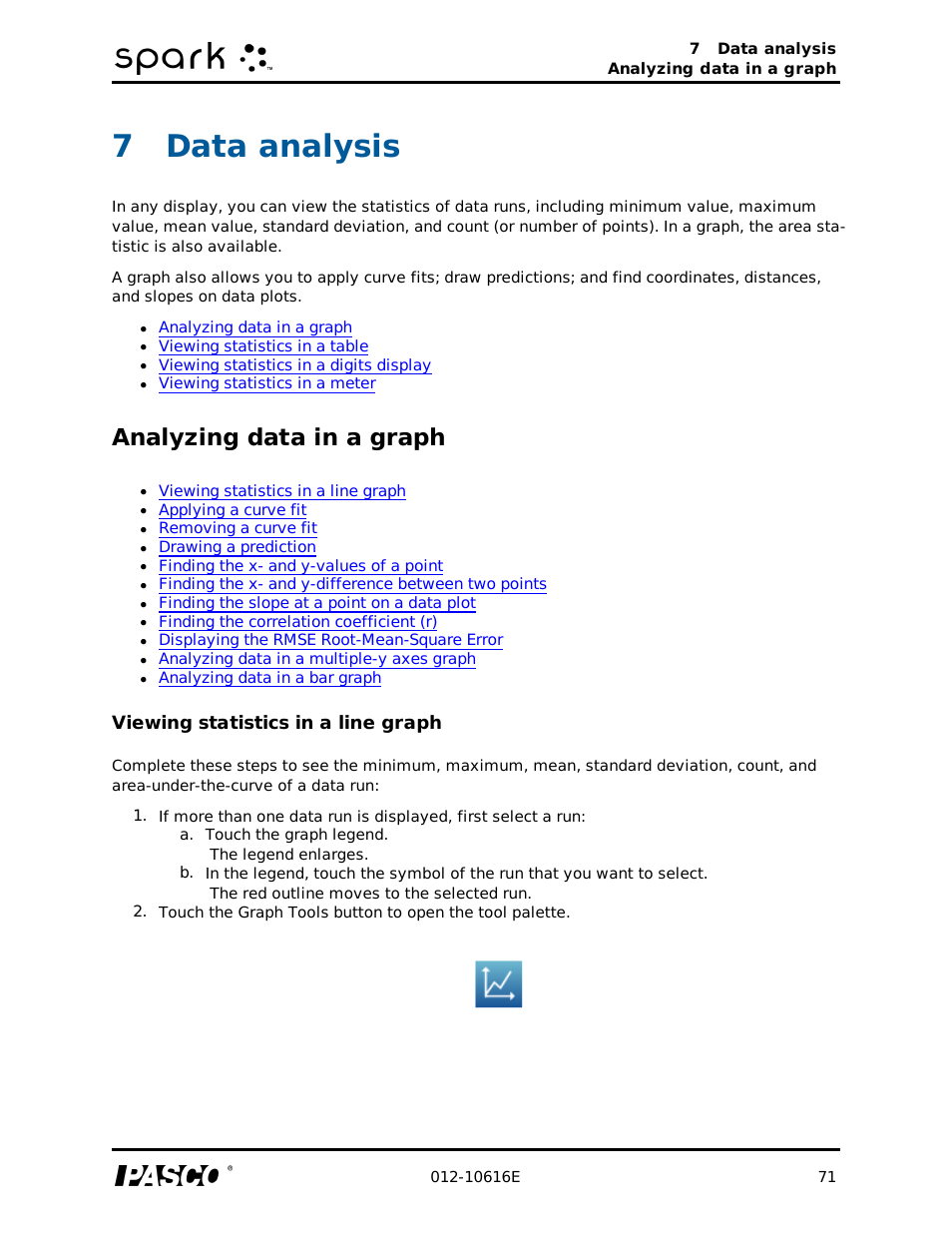 7 data analysis, Analyzing data in a graph, Viewing statistics in a line graph | Data analysis, 7data analysis | PASCO SPARK Science Learning System Ver. 1.4.0 User's Guide User Manual | Page 80 / 124