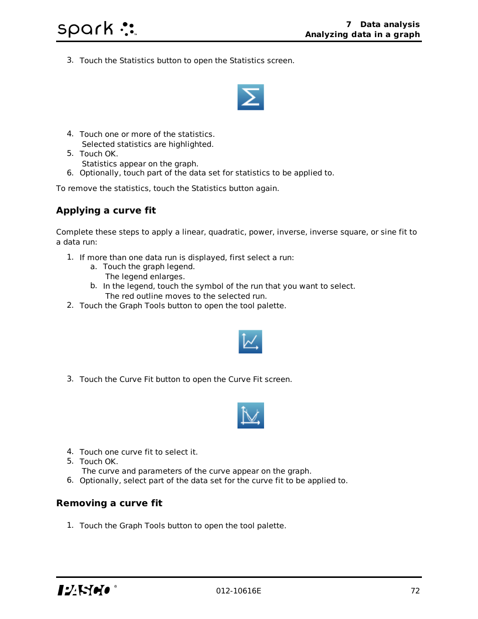 Applying a curve fit, Removing a curve fit | PASCO SPARK Science Learning System Ver. 1.4.0 User's Guide User Manual | Page 81 / 124