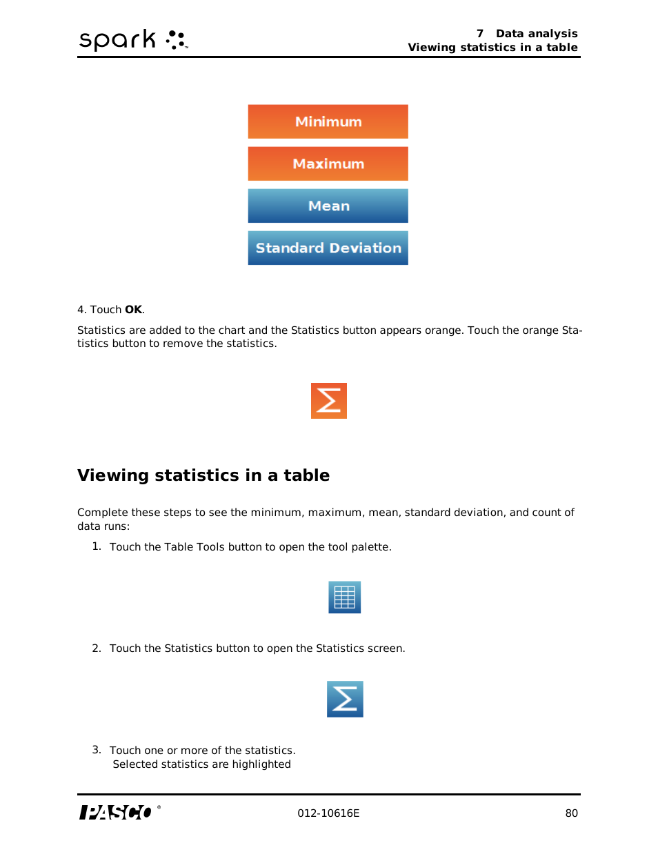 Viewing statistics in a table | PASCO SPARK Science Learning System Ver. 1.4.0 User's Guide User Manual | Page 89 / 124