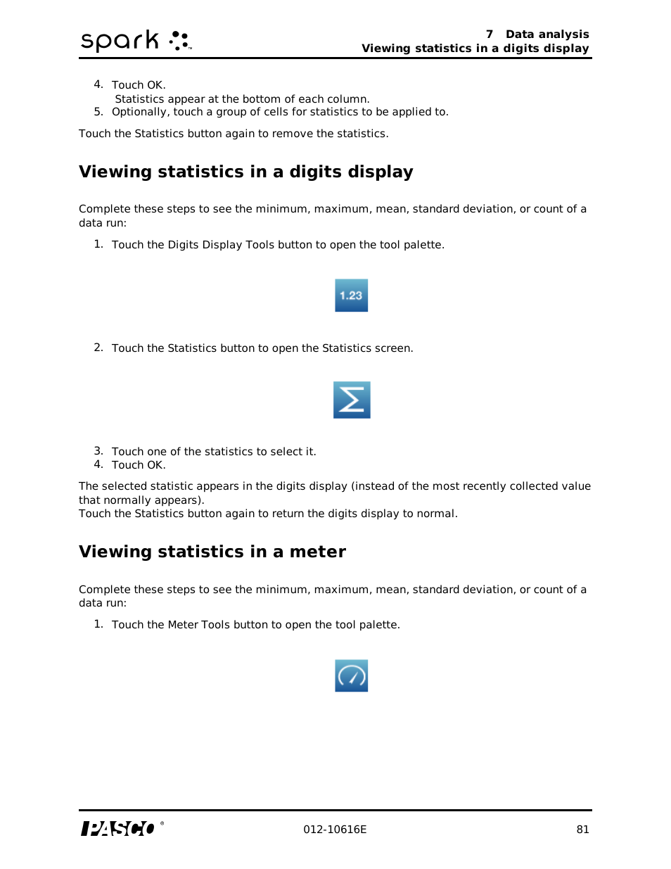 Viewing statistics in a digits display, Viewing statistics in a meter | PASCO SPARK Science Learning System Ver. 1.4.0 User's Guide User Manual | Page 90 / 124