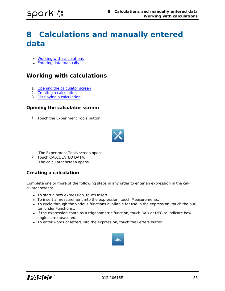 8 calculations and manually entered data, Working with calculations, Opening the calculator screen | Creating a calculation, Calculations and manually entered data, 8calculations and manually entered data | PASCO SPARK Science Learning System Ver. 1.4.0 User's Guide User Manual | Page 92 / 124