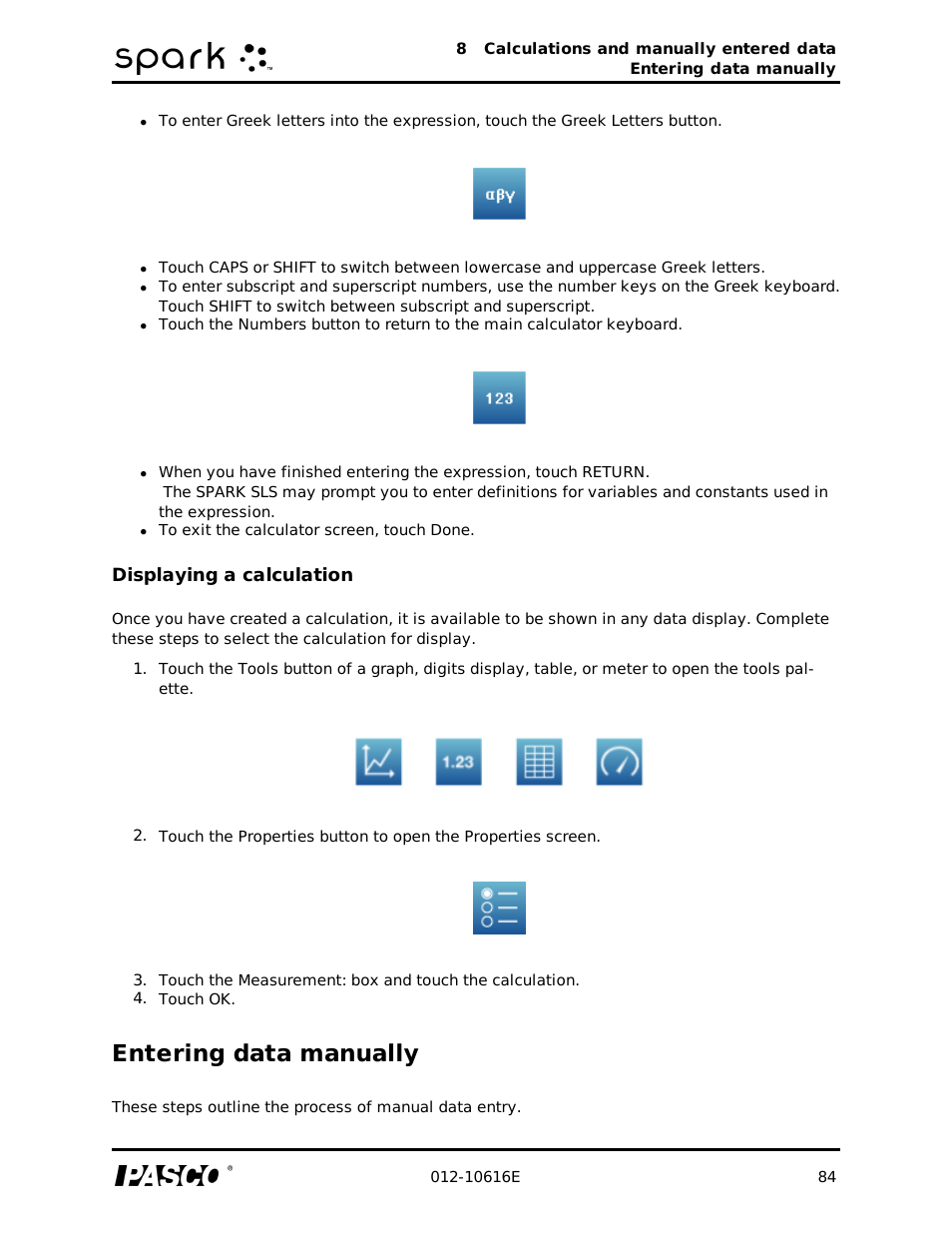 Displaying a calculation, Entering data manually | PASCO SPARK Science Learning System Ver. 1.4.0 User's Guide User Manual | Page 93 / 124