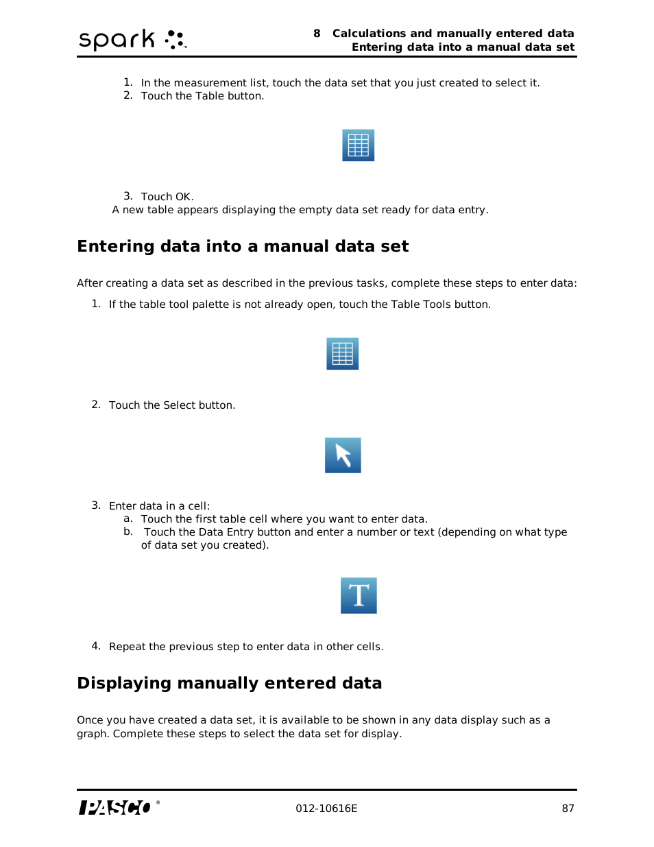 Entering data into a manual data set, Displaying manually entered data | PASCO SPARK Science Learning System Ver. 1.4.0 User's Guide User Manual | Page 96 / 124