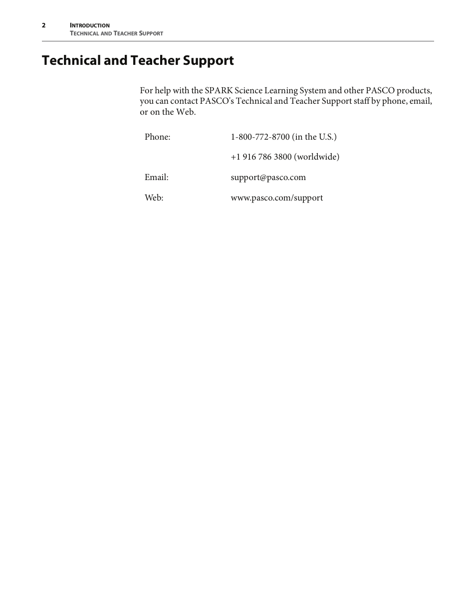 Technical and teacher support | PASCO SPARK Science Learning System User's Guide User Manual | Page 10 / 86