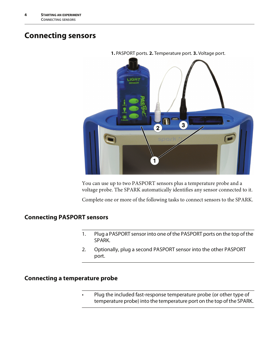 Connecting sensors, Connecting pasport sensors, Connecting a temperature probe | PASCO SPARK Science Learning System User's Guide User Manual | Page 12 / 86