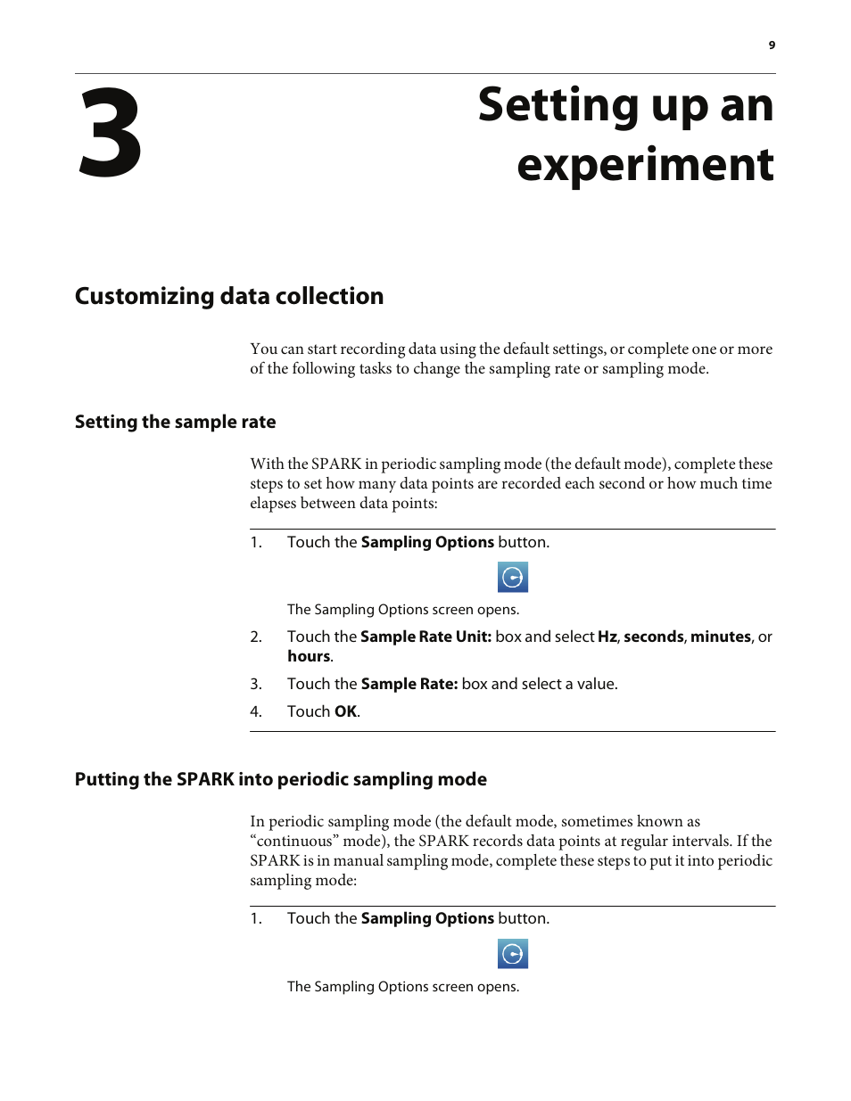 Setting up an experiment, Customizing data collection, Setting the sample rate | Putting the spark into periodic sampling mode | PASCO SPARK Science Learning System User's Guide User Manual | Page 17 / 86