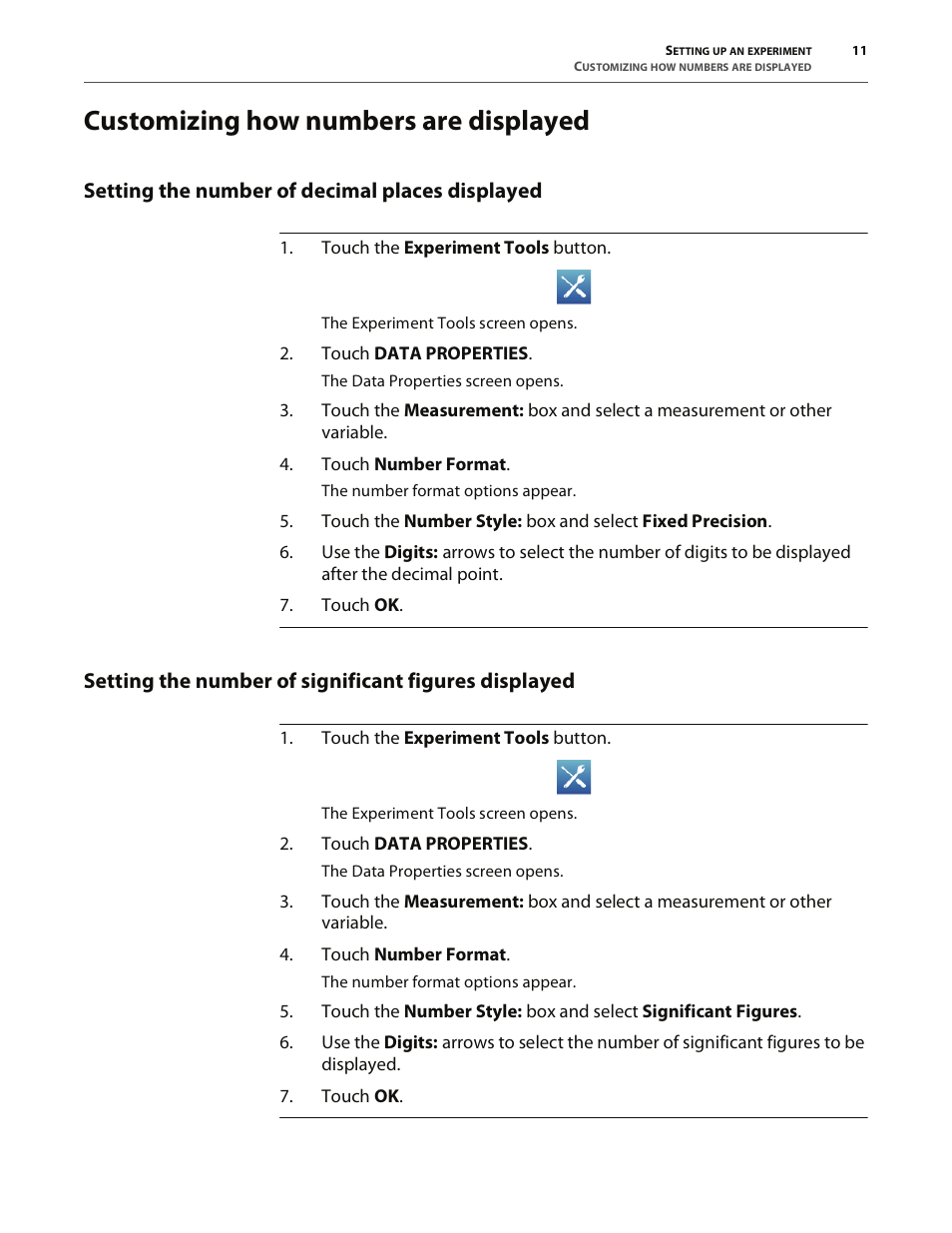 Customizing how numbers are displayed, Setting the number of decimal places displayed | PASCO SPARK Science Learning System User's Guide User Manual | Page 19 / 86
