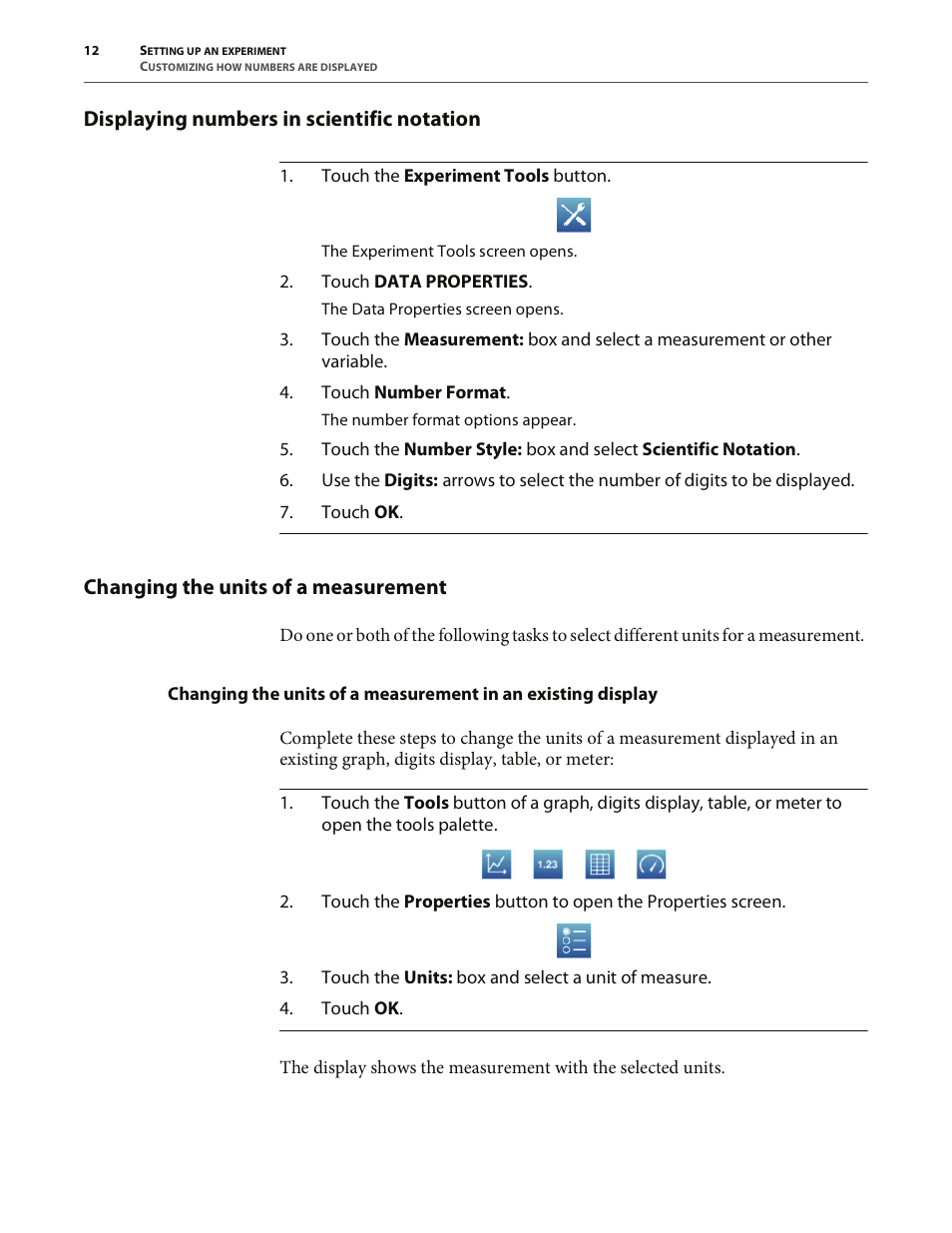 Displaying numbers in scientific notation, Changing the units of a measurement | PASCO SPARK Science Learning System User's Guide User Manual | Page 20 / 86