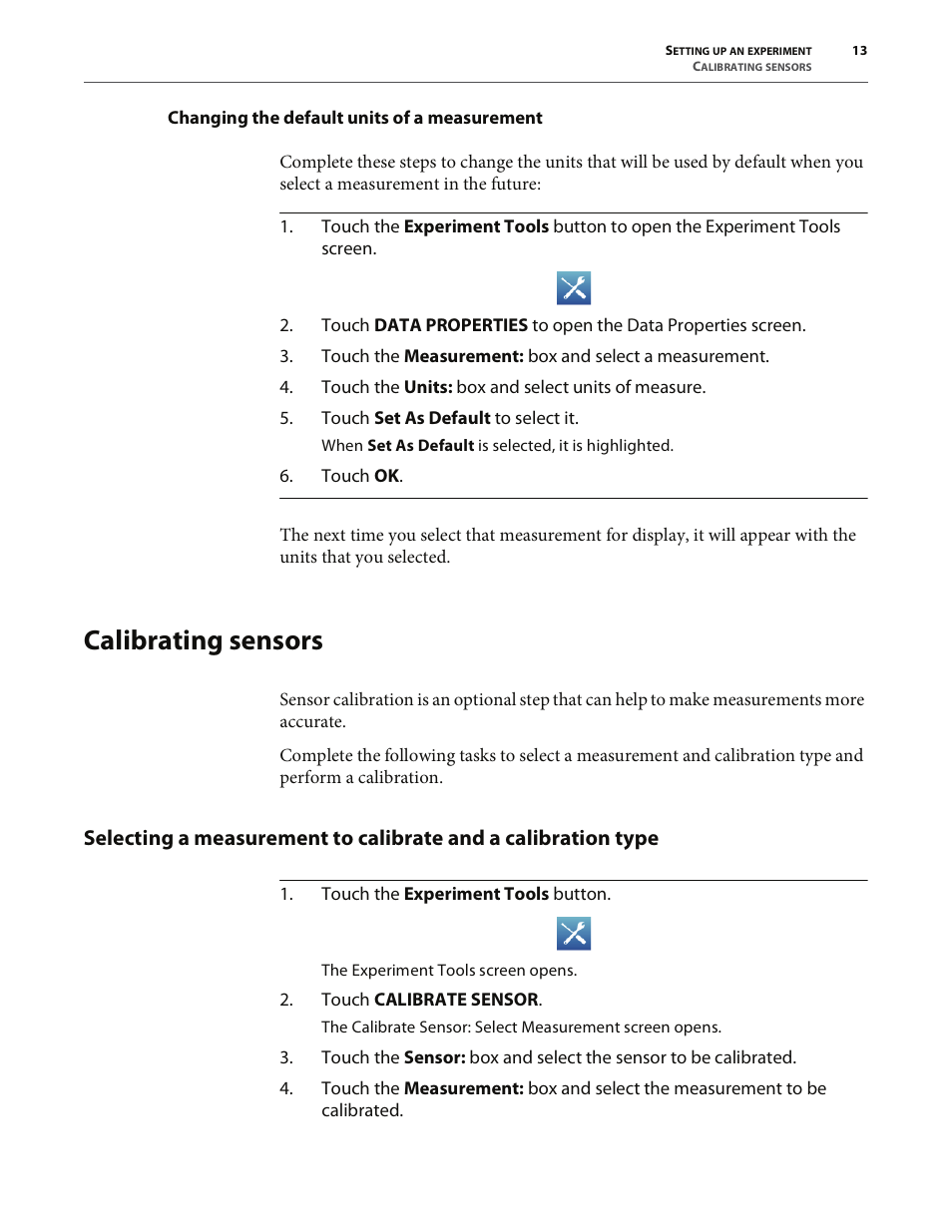 Changing the default units of a measurement, Calibrating sensors | PASCO SPARK Science Learning System User's Guide User Manual | Page 21 / 86
