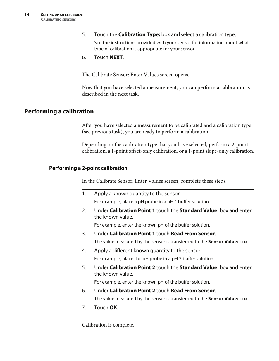 Performing a calibration, Performing a 2-point calibration | PASCO SPARK Science Learning System User's Guide User Manual | Page 22 / 86