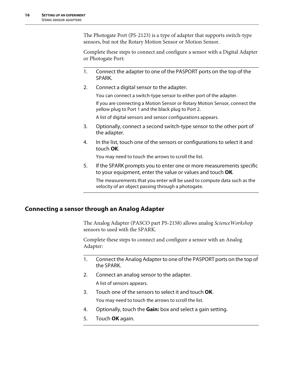 Connecting a sensor through an analog adapter | PASCO SPARK Science Learning System User's Guide User Manual | Page 24 / 86